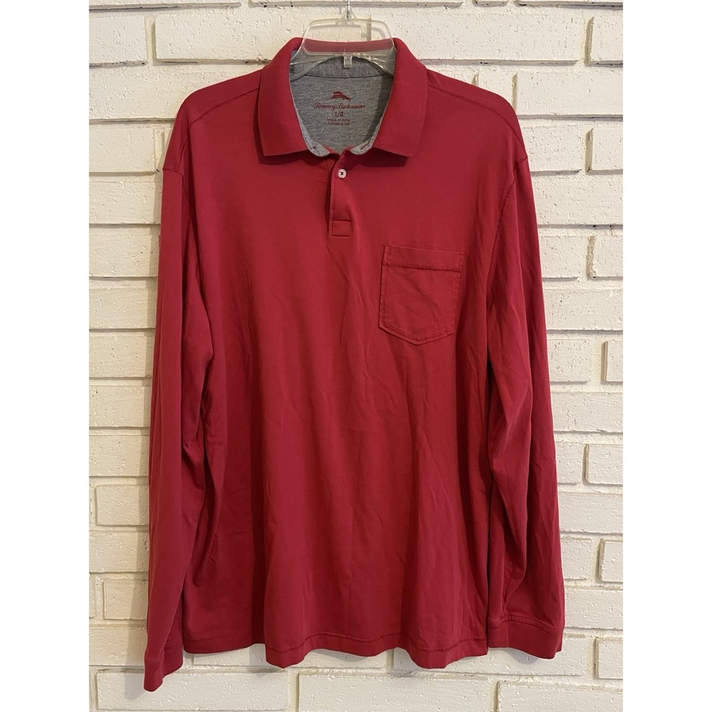 Tommy‎ Bahama Shirt Mens Size Large Red Long Sleeve Polo -Pima Cotton